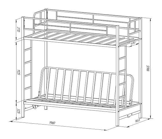 Кровать двухъярусная с диваном "Мадлен-ЯЯ" с ящиками (Фиолетовый велюр) - Схема, размеры