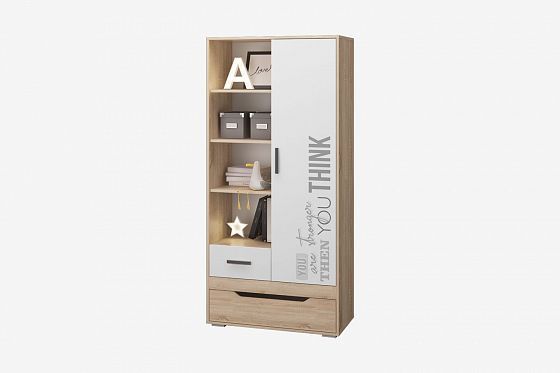 Шкаф для одежды "Джуниор" с двумя ящиками - Цвет: Дуб Сонома/Белый/Белый фотопечать