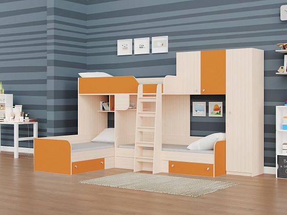 Трехместная кровать Трио/2 - Трехместная кровать Трио/2, Цвет: Дуб молочный/Оранжевый