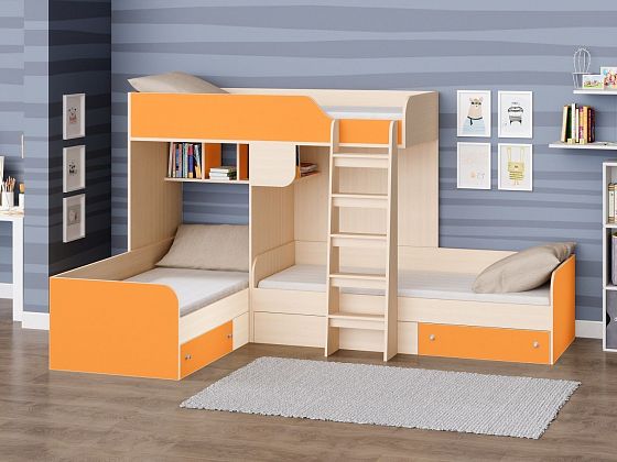 Трехместная кровать Трио - Трехместная кровать Трио, Цвет: Дуб молочный/Оранжевый