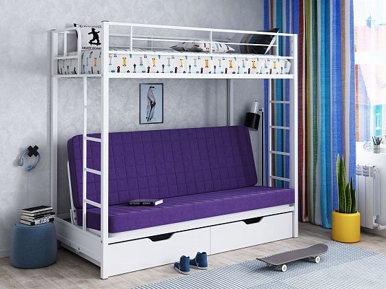 Кровать двухъярусная с диваном "Мадлен-ЯЯ" с ящиками (Фиолетовый велюр) - Цвет: Белый/Белый