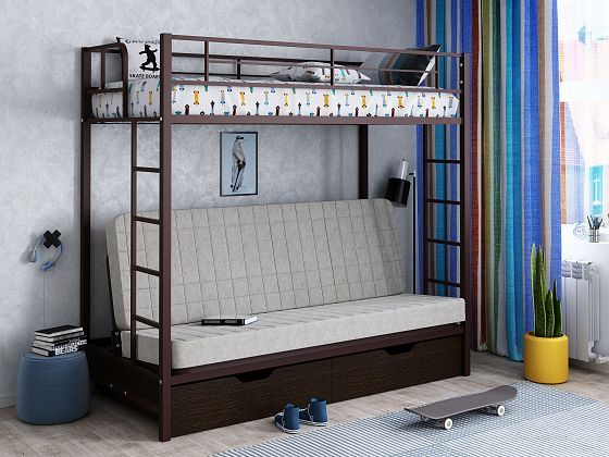 Кровать двухъярусная с диваном "Мадлен-ЯЯ" с ящиками (Бежевый велюр) - Цвет: Коричневый/Венге