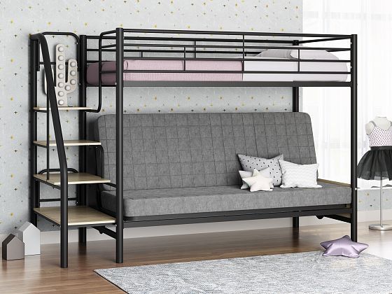 Кровать двухъярусная с диваном "Мадлен-3" (Серый велюр) - Цвет: Черный/Ясень Шимо светлый