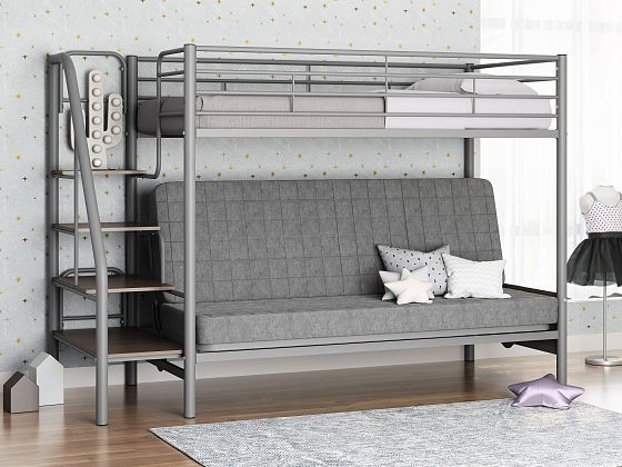 Кровать двухъярусная с диваном "Мадлен-3" (Серый велюр) - Цвет: Серый/Венге