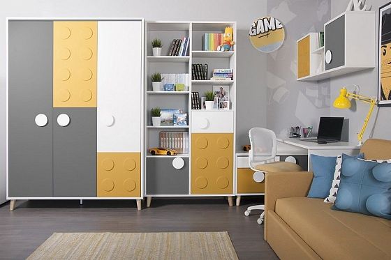 Модульная детская "Fun-Box" - Шкафы, цвет: Белый/Серый/Горчица