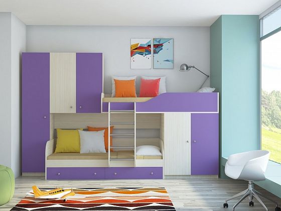 Двухъярусная кровать Лео - Двухъярусная кровать Лео, Цвет: Дуб молочный/Фиолетовый