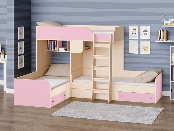 Трехместная кровать Трио - Трехместная кровать Трио, Цвет: Дуб молочный/Розовый