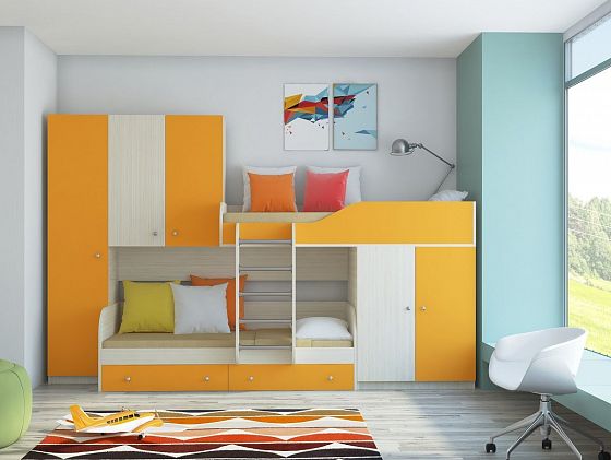 Двухъярусная кровать Лео - Двухъярусная кровать Лео, Цвет: Дуб молочный/Оранжевый