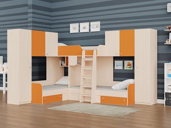 Трехместная кровать Трио/3 - Трехместная кровать Трио/3, Цвет: Дуб молочный/Оранжевый