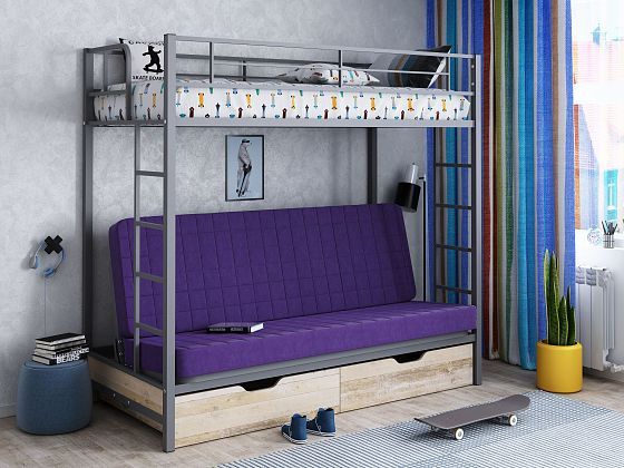 Кровать двухъярусная с диваном "Мадлен-ЯЯ" с ящиками (Фиолетовый велюр) - Цвет: Серый/Дуб Айленд