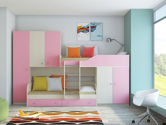 Двухъярусная кровать Лео - Двухъярусная кровать Лео, Цвет: Дуб молочный/Розовый