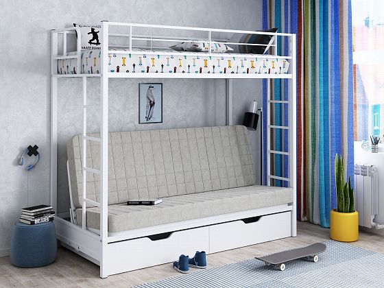 Кровать двухъярусная с диваном "Мадлен-ЯЯ" с ящиками (Бежевый велюр) - Цвет: Белый/Белый