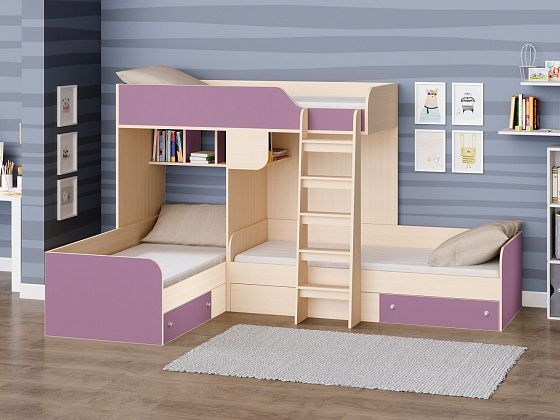 Трехместная кровать Трио - Трехместная кровать Трио, Цвет: Дуб молочный/Фиолетовый