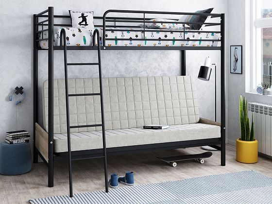 Кровать двухъярусная с диваном "Мадлен" (Бежевый велюр), Цвет: Черный