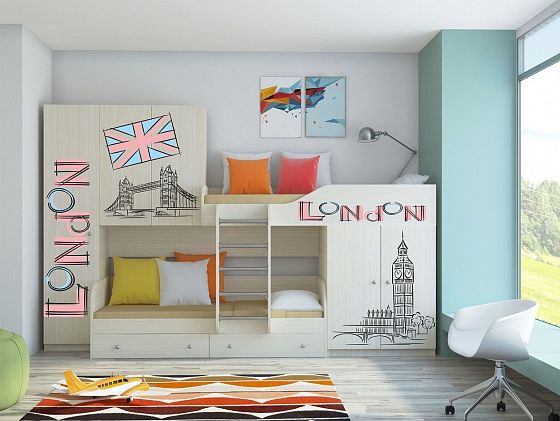 Двухъярусная кровать Лео Лондон - Двухъярусная кровать Лео Лондон, Цвет: Дуб молочный