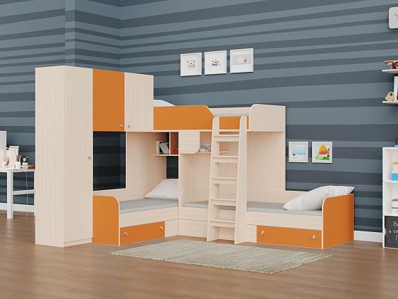 Трехместная кровать Трио/1 - Трехместная кровать Трио/1, Цвет: Дуб молочный/Оранжевый